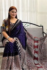 Ajrakh Hand blocked printed fabric Saree With very soft in texture