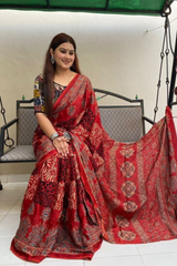 Ajrakh Hand blocked printed fabric Saree With very soft in texture